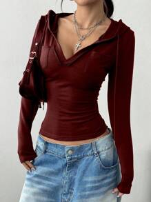 StreetHx Minimal V-Neck Hooded Sweatshirt, Versatile & Fashionable Summer Wear,Graduation,Teacher,Back To School Pullover Fall - Burgundy - View 6