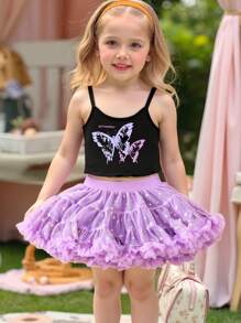 SHEIN Young Girl Summer Casual Butterfly Print Camisole And Tulle Puff Skirt Set