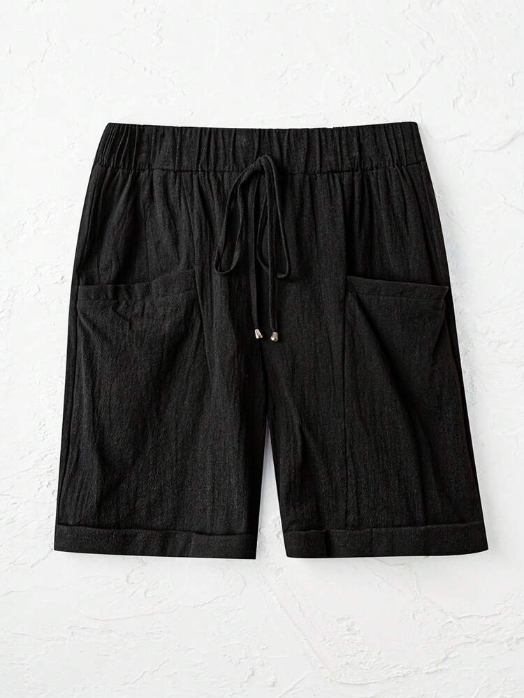 Plus Size Solid Color Casual Shorts With Pocket Design, Summer
