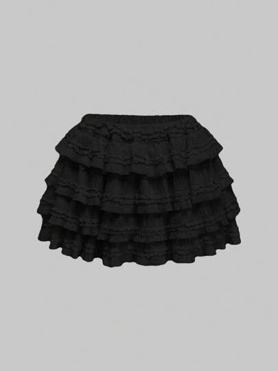 Kawaii Cream Yellow Textured Fabric Cake Tiered Waist Mini Skirt For Women, Suitable For Various Occasions