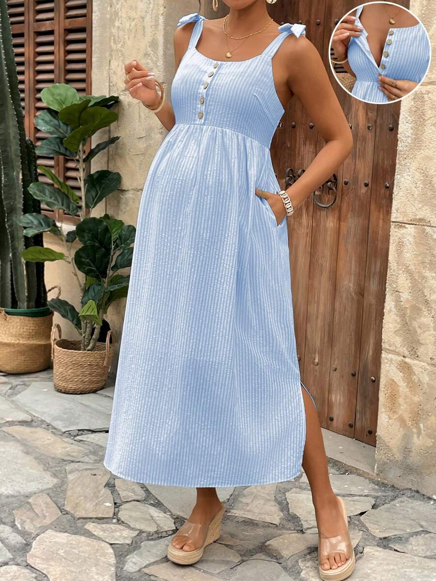 SHEIN Váy bầu không tay, đơn giản & thời trang, phù hợp cho mùa hè - Màu xanh nhạt - Xem 1
