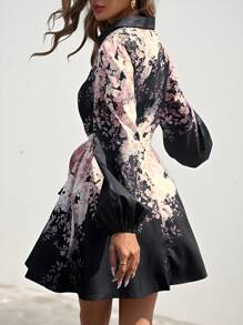 Aveloria Modichic Elegant Black Base Pink Floral Print Stand Collar Lantern Sleeve Waistband Short Dress Vacation Outfits Woman  Fall Cloth For Women - Multicolor - View 2