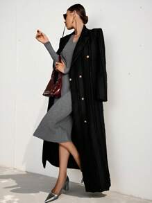 Aveloria Modichic Women's Oversized French Classic Vintage Textured Black Fabric Double Breasted Long Jacket With Padded Shoulders, Work Uniform Outerwear For Autumn  Fall Winter Cloth For Women - Black - View 6