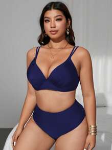 SHEIN Swim Curve 1 套加大码女式纯色钢圈高腰三角两件套泳衣，可调节肩带，优雅时尚性感休闲沙滩泳装 - 藏蓝色 - 查看 3
