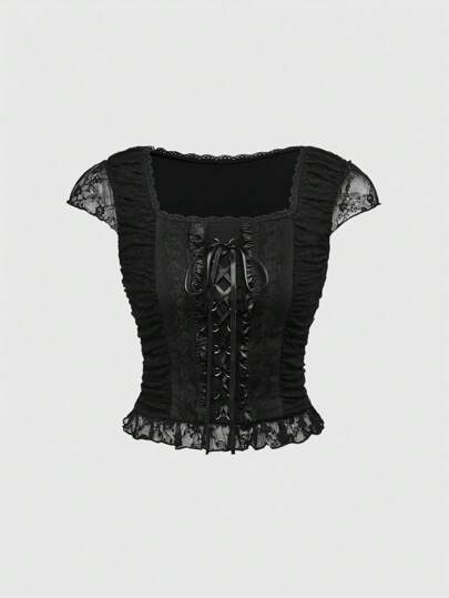 Goth Vintage Gothic Party Lace Splice Tie-Up Black Skinny Blouse For Women