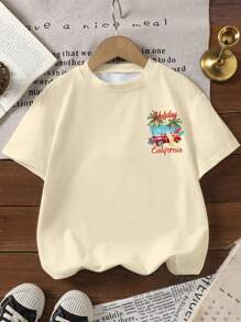 Camiseta casual de manga corta con gráfico de letras y coches vintage, cómoda y versátil, adecuada para todas las estaciones - Estampado de roadster y palmera de playa de verano para niños pequeños