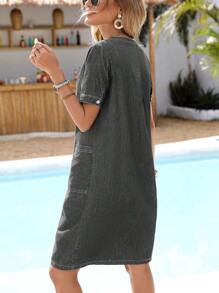 Breezaya 女士休闲短袖牛仔连衣裙，假日风格 - 灰色 - 查看 2