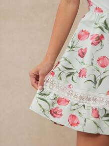 WESTFADE Spring Floral Print Contrast Lace Strapless Lace Up Cute Bow Tie Back A-Line Mini Country Western Cowgirl Dress - Royal Blue - View 5