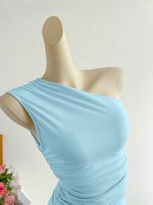 Elamini Top ajustado de un hombro plisado de color albaricoque, ropa versátil casual y elegante para mujer en primavera y verano - Azul - Ver 4