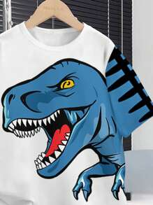 SHEIN Conjunto informal de 2 piezas para niño preadolescente que incluye camiseta de manga corta con cuello redondo y estampado de dinosaurios de dibujos animados, y pantalones cortos, adecuado para el verano