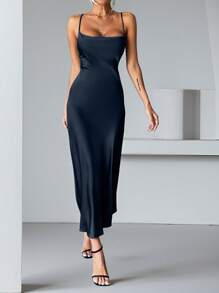 Aveloria Modichic 纯色缎面吊带连衣裙节日派对生日正式场合连衣裙 - 藏蓝色 - 查看 3