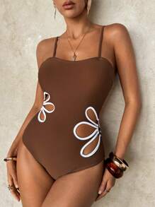 SHEIN Swim قطعة واحدة من ملابس السباحة النسائية ذات التصميم البسيط والأنيق، مناسبة للصيف - بني - مشاهدة 4