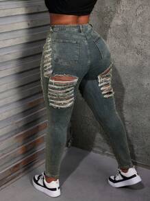 Slaydiva Plus Size Women's Jeans Sexy Skinny Stretch Ripped Blue Jeans Women Tights Denim Jeans Women Tights Petite Women Pants Petite Women Pants Summer Women Clothes Ripped Women Jeans Women Tights - Dark Wash - View 2