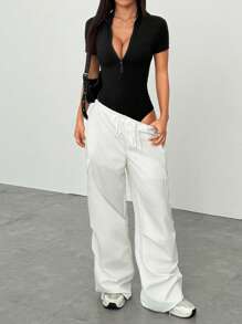 StreetHx 2pcs Black & White Half-Zip Mock Neck Short Sleeve Bodysuit, High Stretch Soft Fabric, Minimalist Design, Casual Sports Everyday Wear For Women, Spring/Summer - Multicolor - View 6