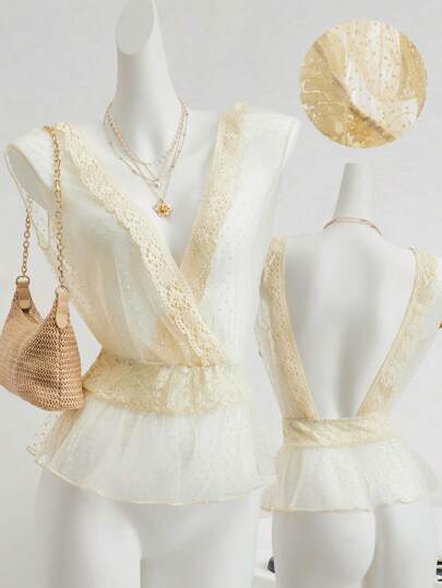 Sweetina 女士复古白色性感 Y2K 波尔卡圆点网眼蕾丝边 T 恤