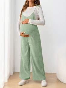 SHEIN Maternity Casual Spaghetti Strap Tie-Bow Long Jumpsuit Green