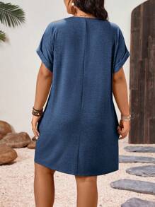 EMERY ROSE Plus Size V-Neck Solid Color Turnup Sleeve Midi Casual Sun Dress, Spring - Navy Blue - View 2