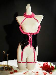 SpicyHot 2pcs/Set Sexy Women Lace Ruffle Trim Cross Strap Hollow Out PU Panel Contrast Color Bra & Garter - Black - View 8