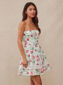 WESTFADE Spring Floral Print Contrast Lace Strapless Lace Up Cute Bow Tie Back A-Line Mini Country Western Cowgirl Dress - Royal Blue - View 3