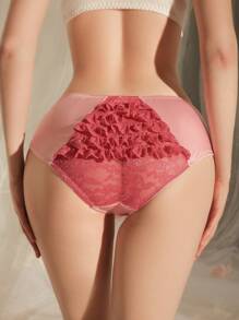 DelicateAllure Cute Lace Patchwork Ruffle Trim Satin Shiny Women's Panties - Pink - View 4