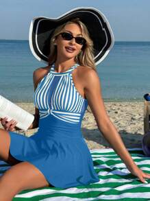 Women's Striped Ruffle Hem Halter Neck Beach Dress - Blue and White - View 6