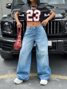 EURMUSE WOMEN LOW WAIST WIDELEG SNOW WASH CASUAL - Medium Wash - View 6