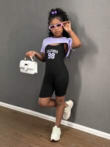 SHEIN Tween Girls Loose Short T-Shirt + Tight Jumpsuit 2pcs Set, Number Printed, Casual Daily Wear