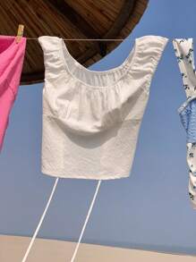 Muchica 女士编织纯色方领盖袖休闲衬衫，夏季海滩上衣