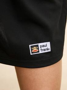 Paul Frank X SHEIN Women's Casual Sports Street Game Letter & Number Graphic  Monkey & Casual Black Loose V-Neck Short Sleeve T-Shirt Dress For Summer