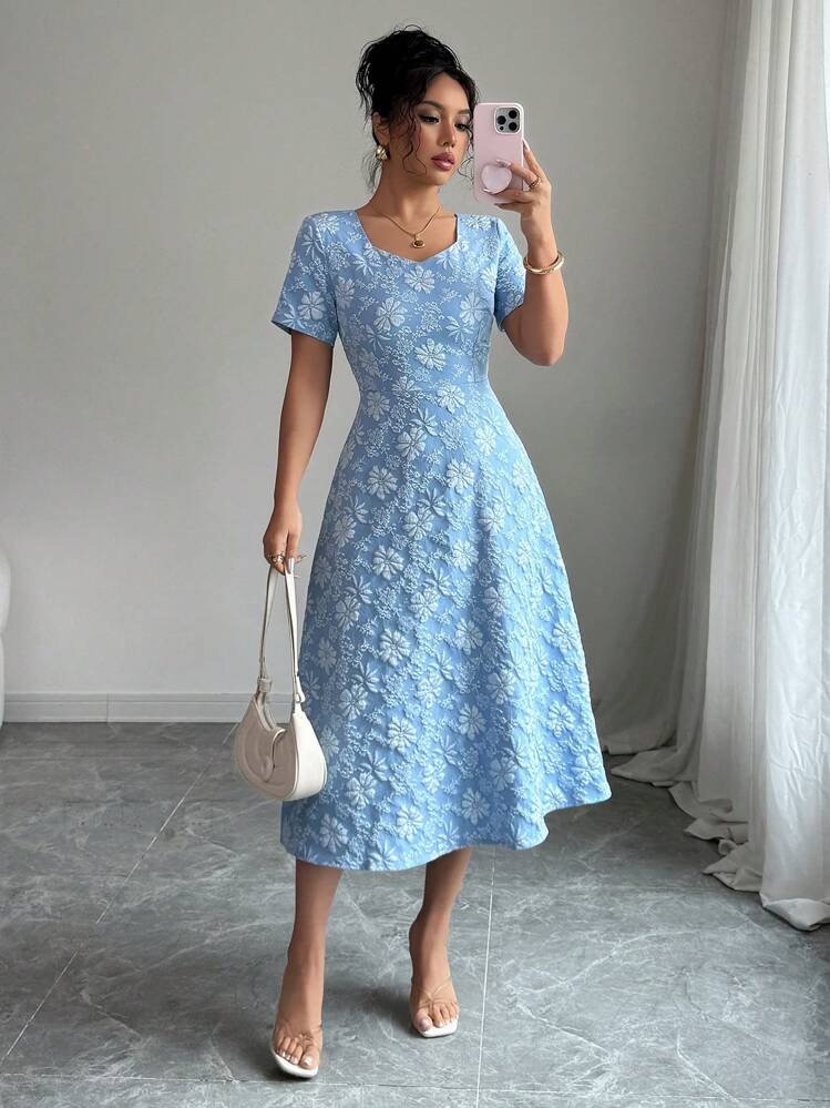 Elenzga Blue 3D Embossed Fabric Square Neck Women Short Sleeve A-Line Dress - Blue - View 1