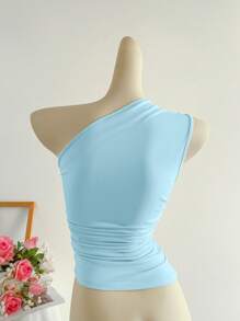 Elamini Top ajustado de un hombro plisado de color albaricoque, ropa versátil casual y elegante para mujer en primavera y verano - Azul - Ver 2