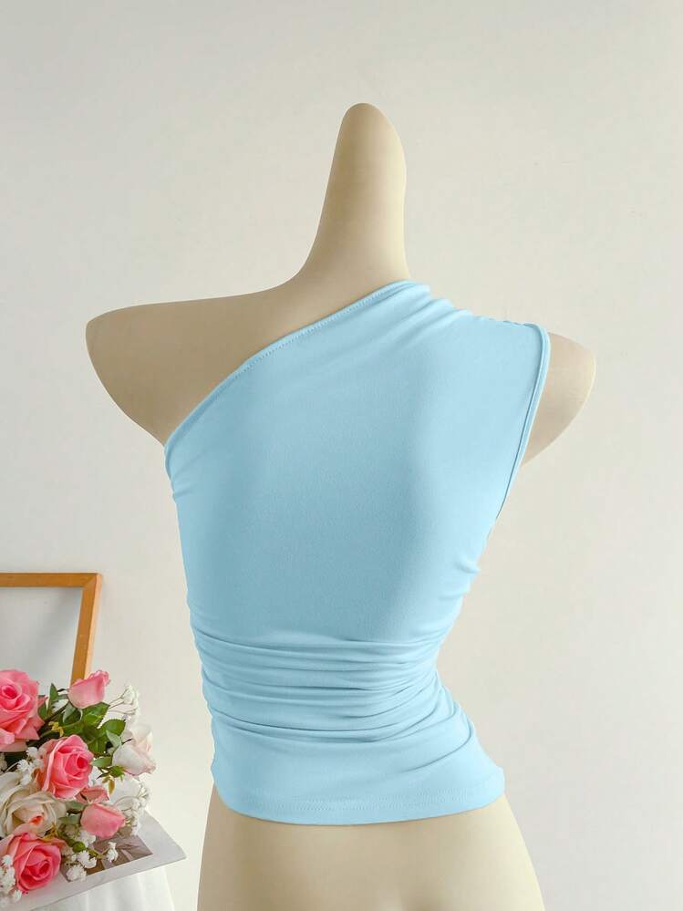 Elamini 杏色褶皱单肩紧身上衣，优雅休闲百搭通勤女装春夏 - 藍色 - 查看 2