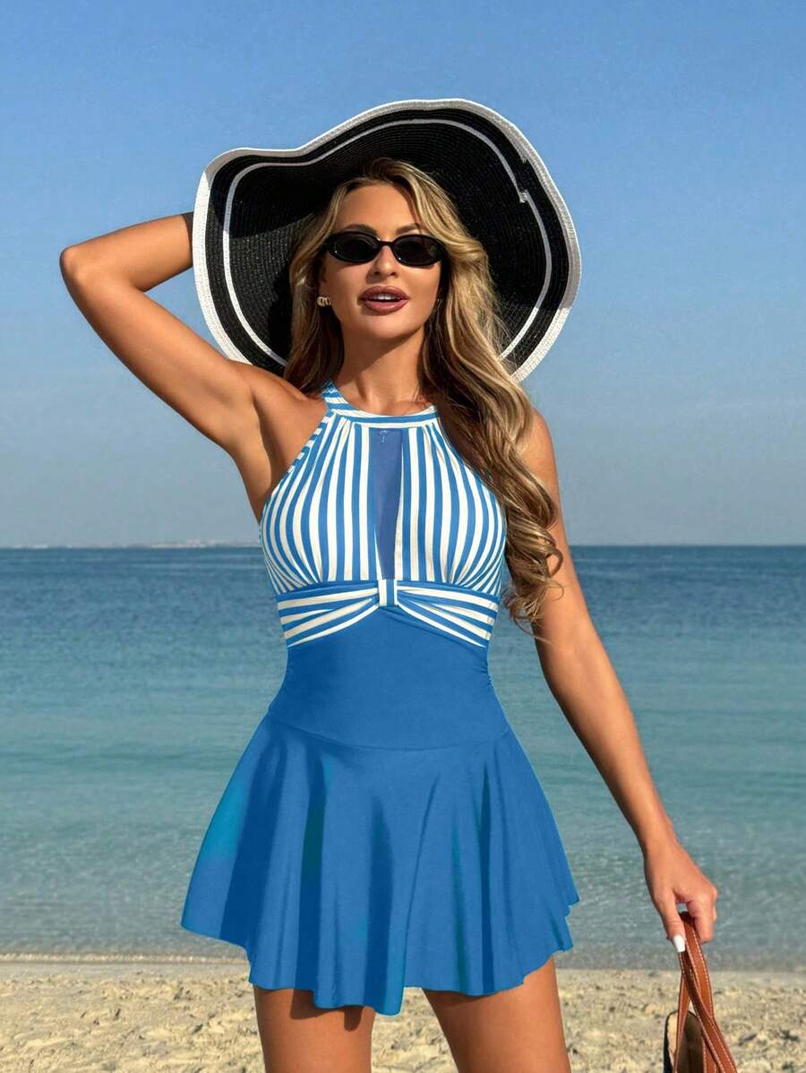 Women's Striped Ruffle Hem Halter Neck Beach Dress - Blue and White - View 1