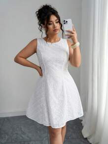 Elenzga 大码女式无袖镂空简约修身迷你优雅连衣裙，适合外出、度假穿着 - 白色 - 查看 7