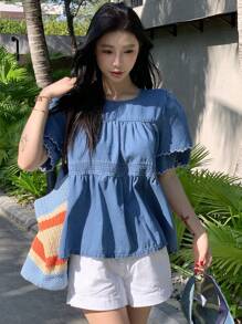 DAZY Summer New Casual Sweet Women Denim Blouse,Back To School Clothes