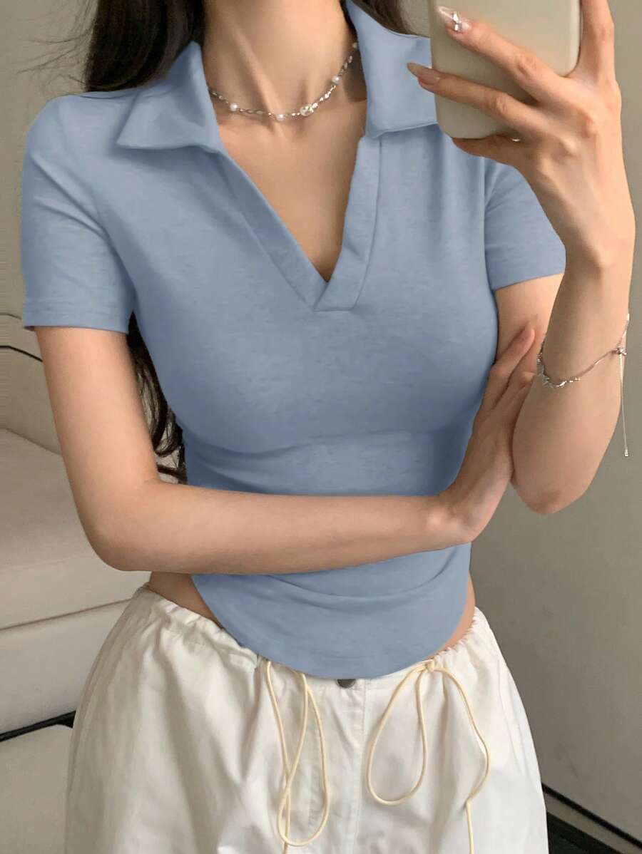 DAZY Women's Casual Solid Color Round Neck Short Sleeve T-Shirt, Versatile And Simple Style - Blue - View 1