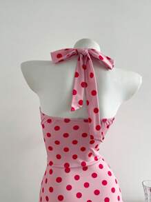 Elamini Retro Polka Dot Spaghetti Strap Backless Bodycon Mini A-Line Dress - Pink - View 6