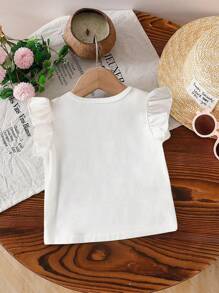 Baby Girl Cherry Blossom & Letter Print Crew Neck Short Cap Sleeve Casual Top