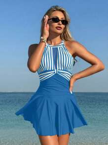 Women's Striped Ruffle Hem Halter Neck Beach Dress - Blue and White - View 4