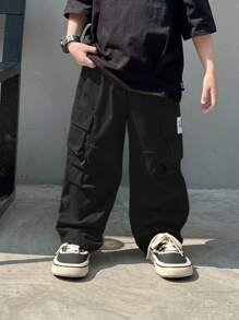 SHEIN 1pc Young Boy Casual Hip Cool Hip Hop Style Loose Windbreaker Material Large Patch Pockets Woven Mark Design Street Retro College Style Wide Leg Pants - Black - View 3
