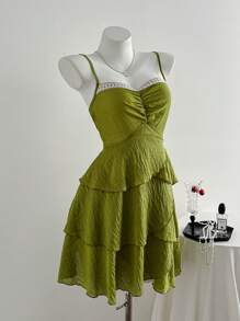 SHEIN Unity Spaghetti Strap Patchwork Lace Trim Dress, Simple & Stylish, Suitable For Summer - Green - View 3