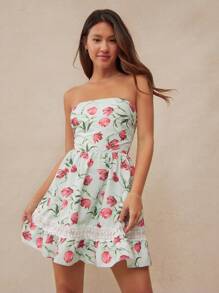 WESTFADE Spring Floral Print Contrast Lace Strapless Lace Up Cute Bow Tie Back A-Line Mini Country Western Cowgirl Dress - Royal Blue - View 4