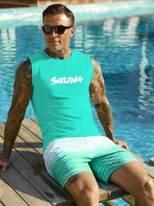 Manfinity Swimmode Set de 2 piezas de traje de baño de verano para hombre con top tipo tank y shorts estampados con letras, estilo hawaiano