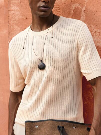 Maija 2025春夏新款简约高端米色针织镂空透气男士短袖毛衣，休闲日常度假海滩浪漫假日适合外出、派对、婚礼宾客，尽显老钱风范