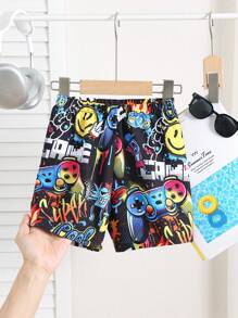 SHEIN Young Boy Casual Street Game Console Graffiti Pattern Swim Trunks, Beach Shorts, Swimwear For Beach, Swimming, Surfing