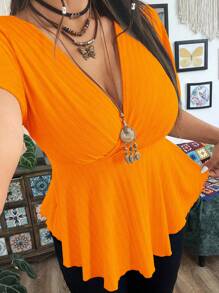 SHEIN MOOSTA Plus Size V-Neck Ruffle Sleeve Short Hem T-Shirt, Minimalist And Fashionable, Suitable For Summer - Orange - View 4