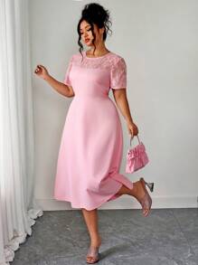 Elenzga Romantic Round Neck Ruched Elastic Waist Dress, Suitable For Spring/Summer - Pink - View 2