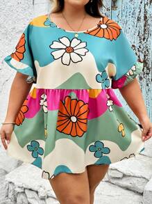 SHEIN CURVE+ Plus Size Colorblock & Floral Print Button-Up Shirt, Summerbeach Outfits For Woman/Beach Dress/Beach Vacation Outfits/Beach Essentials / Graduation/Tea Party Dress