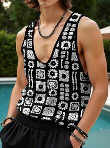 Manfinity Chillmode Men's Casual Knitted Sleeveless Tank Top With V-Neck And Geometric Pattern - Black - View 3