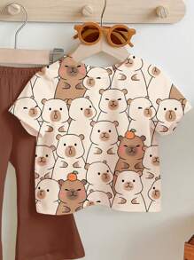 SHEIN Happikins Cute Capybara Print, Maillard Color, Baby Girl Casual Minimalist Short Sleeve Crew Neck T-Shirt & Flare Pants Set, Suitable For Spring/Summer - Multicolor - View 3